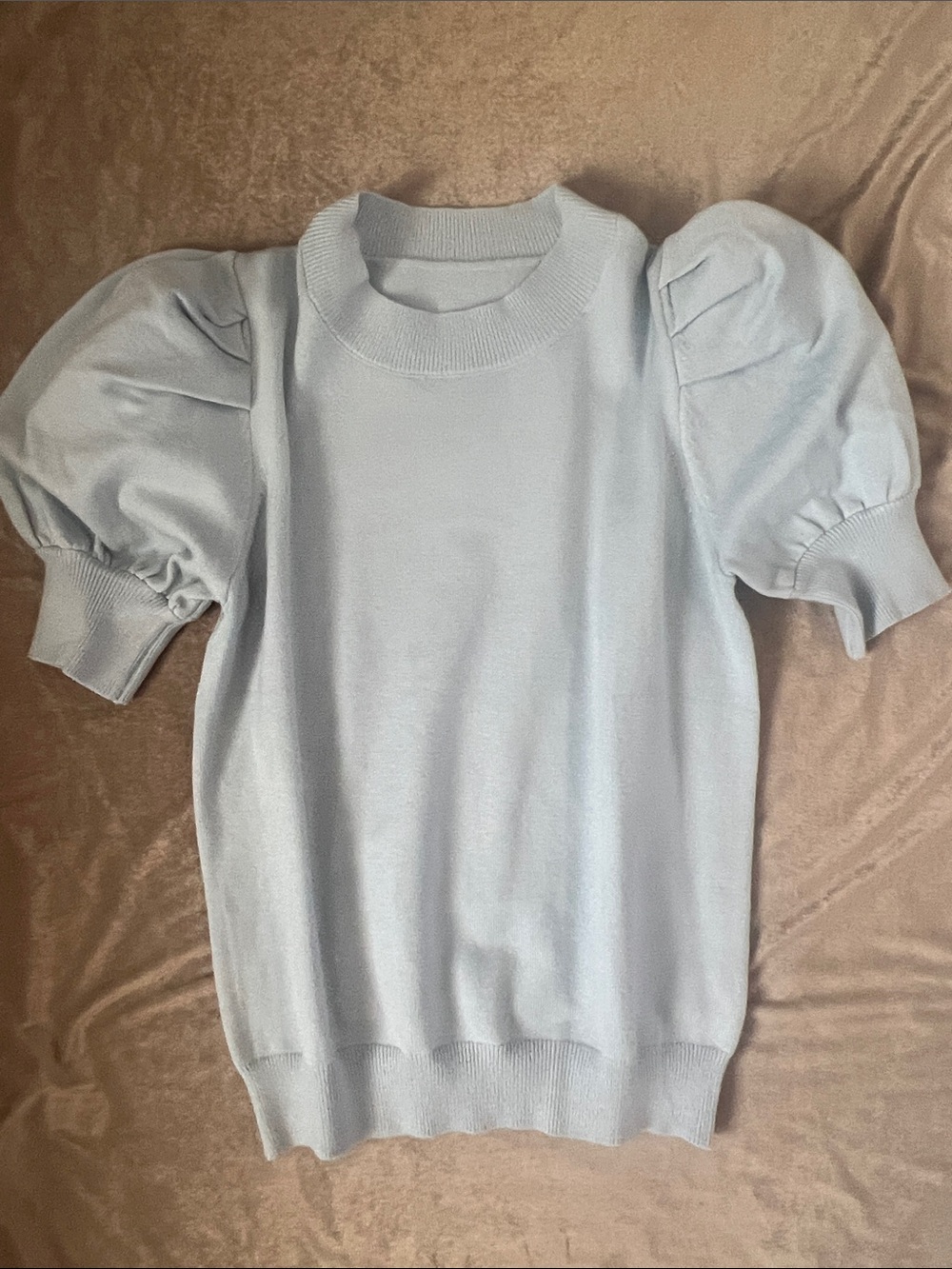 Pale Blue Puff Sleeve Knit Top - Women's Crewneck Sweater